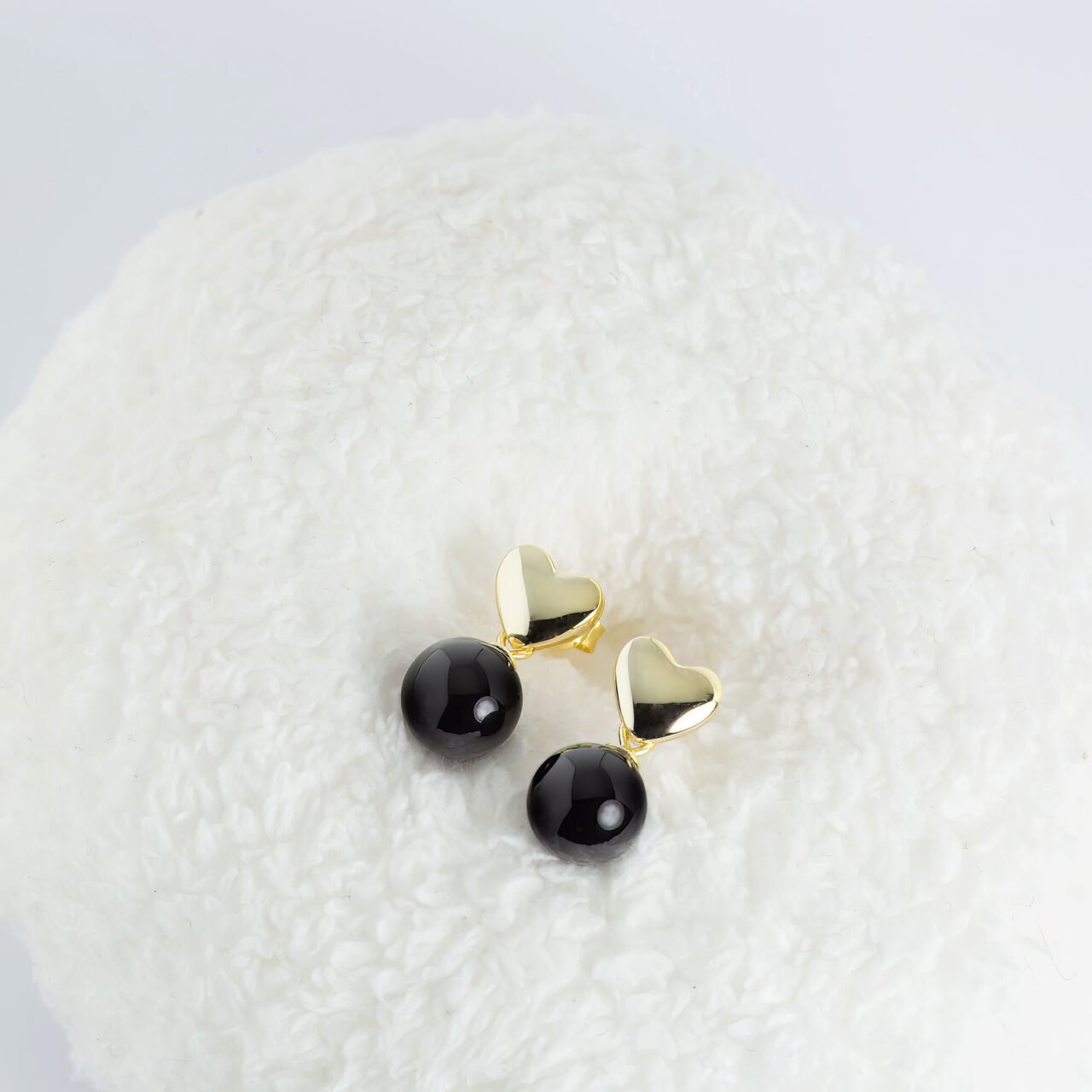 Gold heart and black ony drop earrings, gemstone