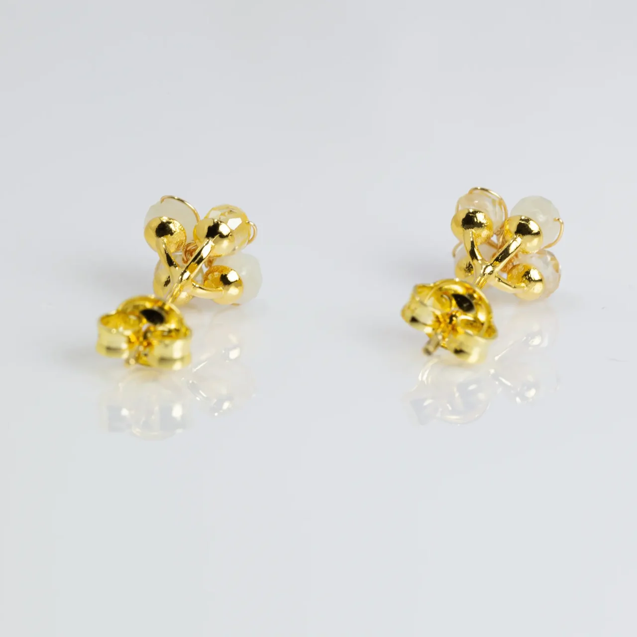 Stylish Yellow Zirconia and New Jade flower stud earrings with gold accents, gemstones