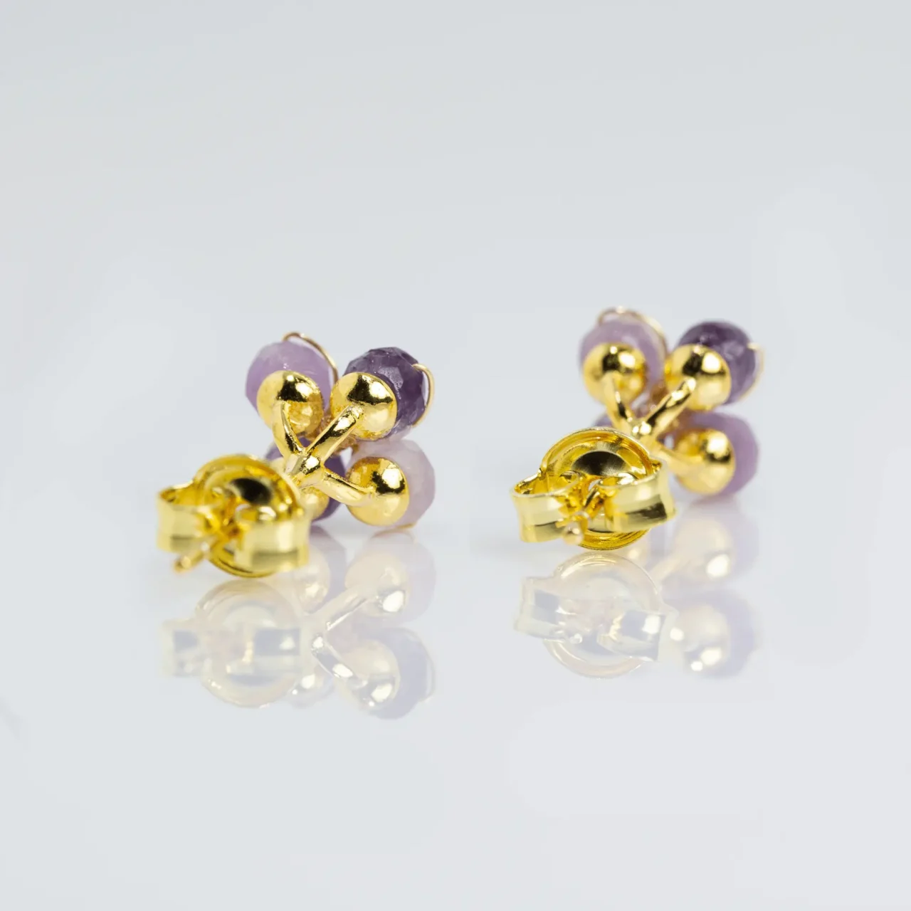 時尚紫色雲母花耳環，鑲有金色寶石