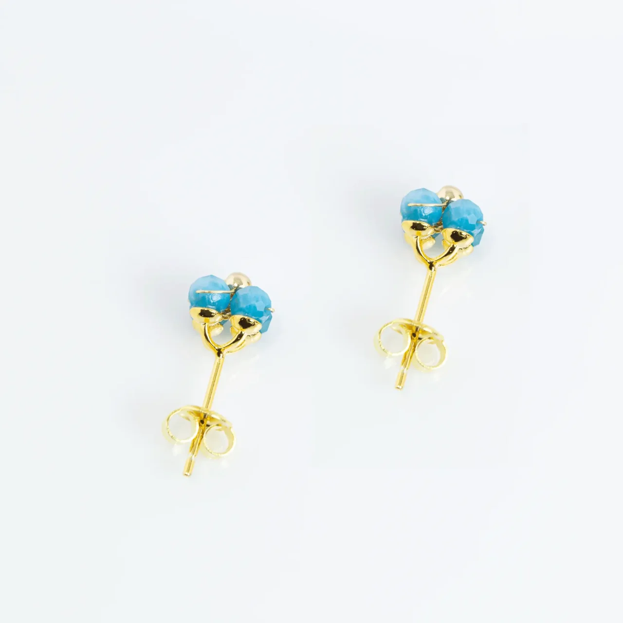 Stylish Blue Lepidolite flower stud earrings with gold accents, gemstones